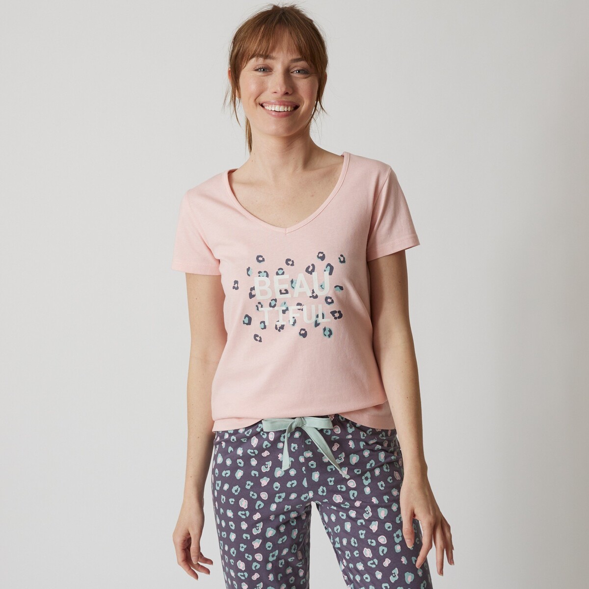 Pyžamové tričko s krátkymi rukávmi a stredovou potlačou  Beautiful  ružová 34 36